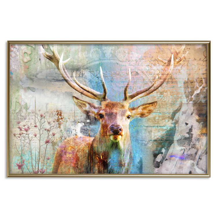 Poster Deer on Wood - abstraction with a forest animal and texts in the background 114417 additionalImage 16