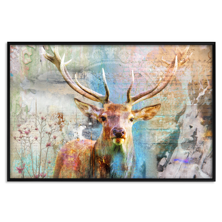 Poster Deer on Wood - abstraction with a forest animal and texts in the background 114417 additionalImage 24