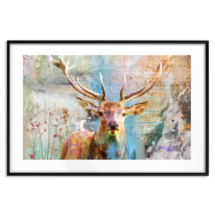 Poster Deer on Wood - abstraction with a forest animal and texts in the background 114417 additionalImage 17