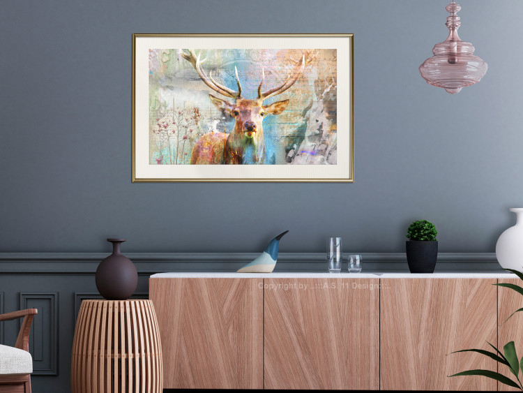 Poster Deer on Wood - abstraction with a forest animal and texts in the background 114417 additionalImage 21