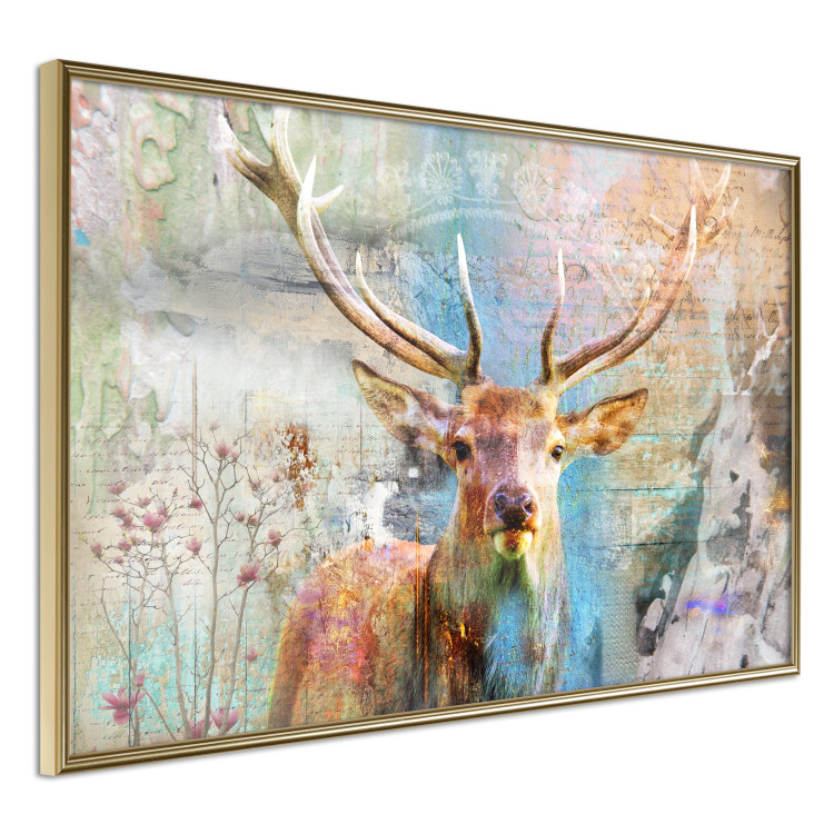 Poster Deer on Wood - abstraction with a forest animal and texts in the background 114417 additionalImage 12