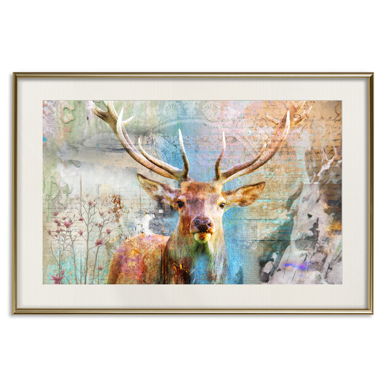 Poster Deer on Wood - abstraction with a forest animal and texts in the background 114417 additionalImage 19