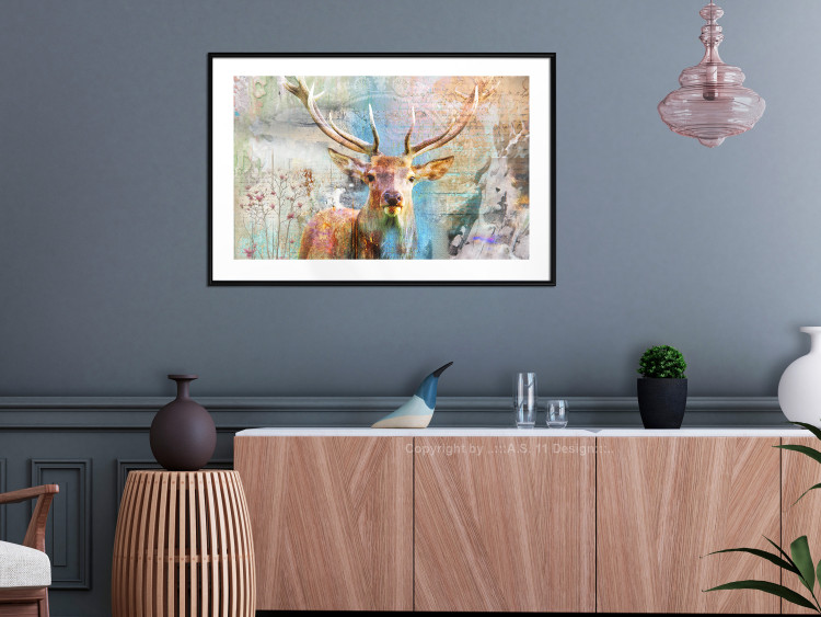 Poster Deer on Wood - abstraction with a forest animal and texts in the background 114417 additionalImage 4
