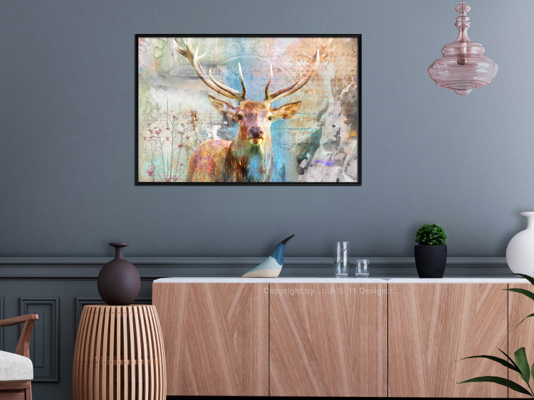 Poster Deer on Wood - abstraction with a forest animal and texts in the background 114417 additionalImage 3