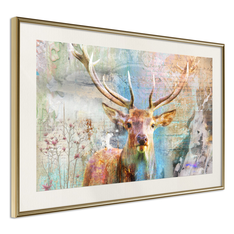Poster Deer on Wood - abstraction with a forest animal and texts in the background 114417 additionalImage 2
