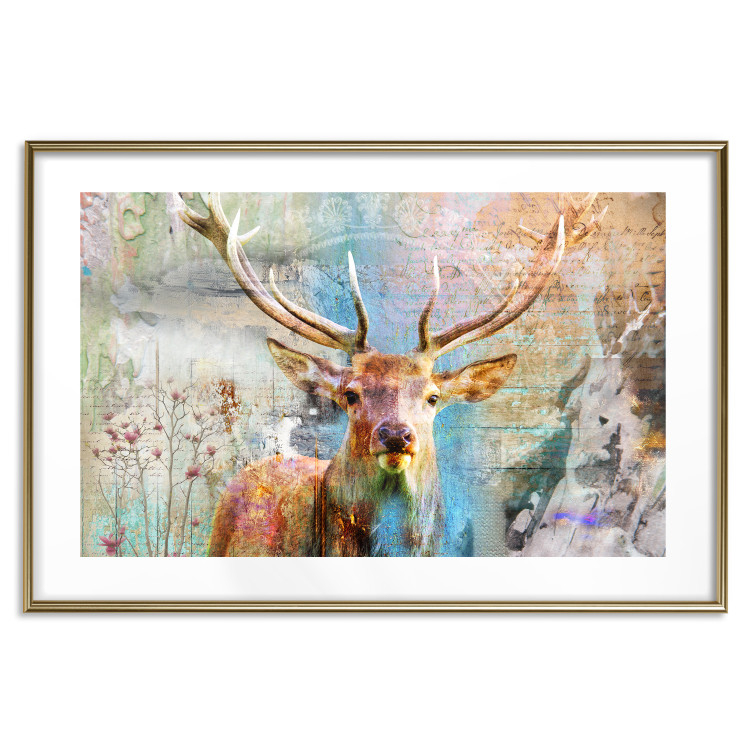 Poster Deer on Wood - abstraction with a forest animal and texts in the background 114417 additionalImage 16