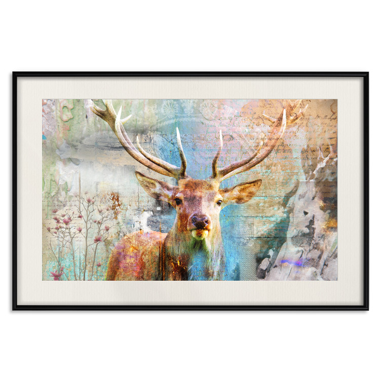 Poster Deer on Wood - abstraction with a forest animal and texts in the background 114417 additionalImage 18