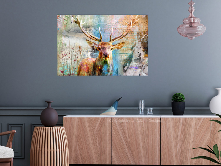 Poster Deer on Wood - abstraction with a forest animal and texts in the background 114417 additionalImage 23
