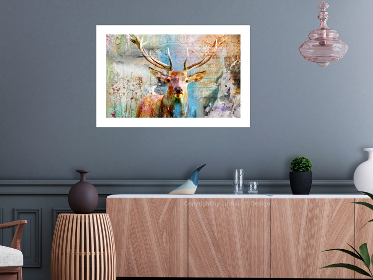 Poster Deer on Wood - abstraction with a forest animal and texts in the background 114417 additionalImage 4