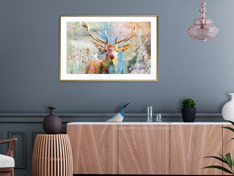 Poster Deer on Wood - abstraction with a forest animal and texts in the background 114417 additionalImage 15
