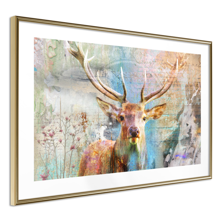 Poster Deer on Wood - abstraction with a forest animal and texts in the background 114417 additionalImage 6