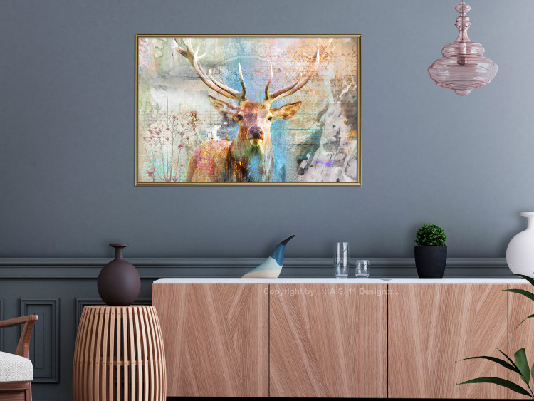 Poster Deer on Wood - abstraction with a forest animal and texts in the background 114417 additionalImage 7