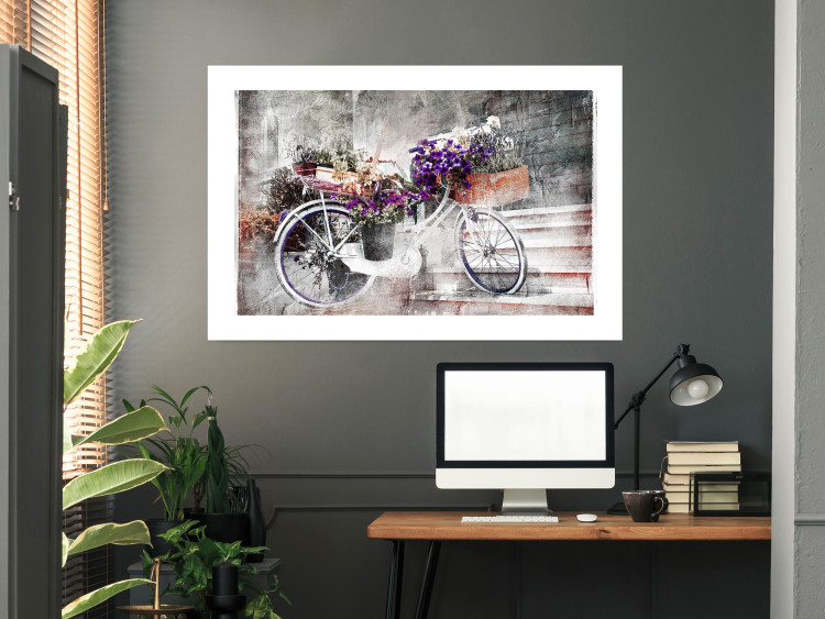 Poster Flowery Bicycle - colorful composition on a retro-style staircase background 116417 additionalImage 2