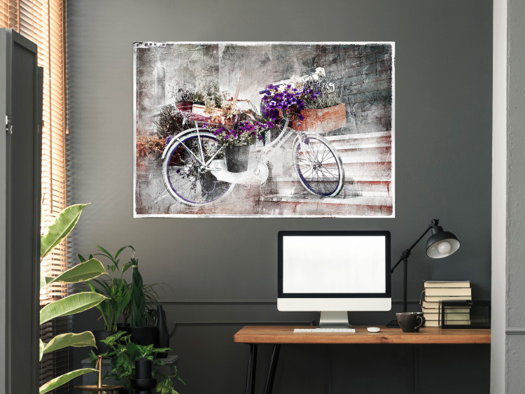 Poster Flowery Bicycle - colorful composition on a retro-style staircase background 116417 additionalImage 14