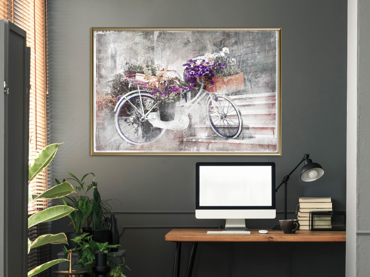 Poster Flowery Bicycle - colorful composition on a retro-style staircase background 116417 additionalImage 5
