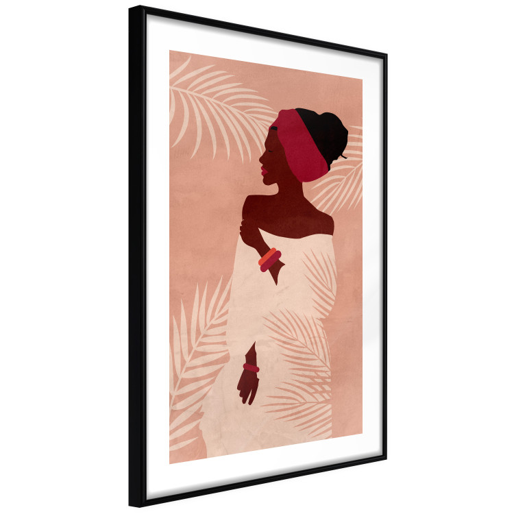 Wall Poster Relaxing Under Palm Trees - dark-skinned woman against a background of palms and a pink wall 134217 additionalImage 8