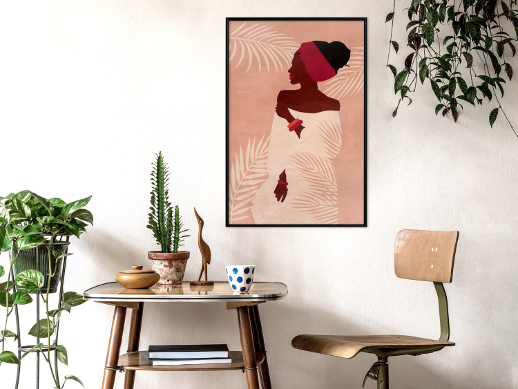 Wall Poster Relaxing Under Palm Trees - dark-skinned woman against a background of palms and a pink wall 134217 additionalImage 6