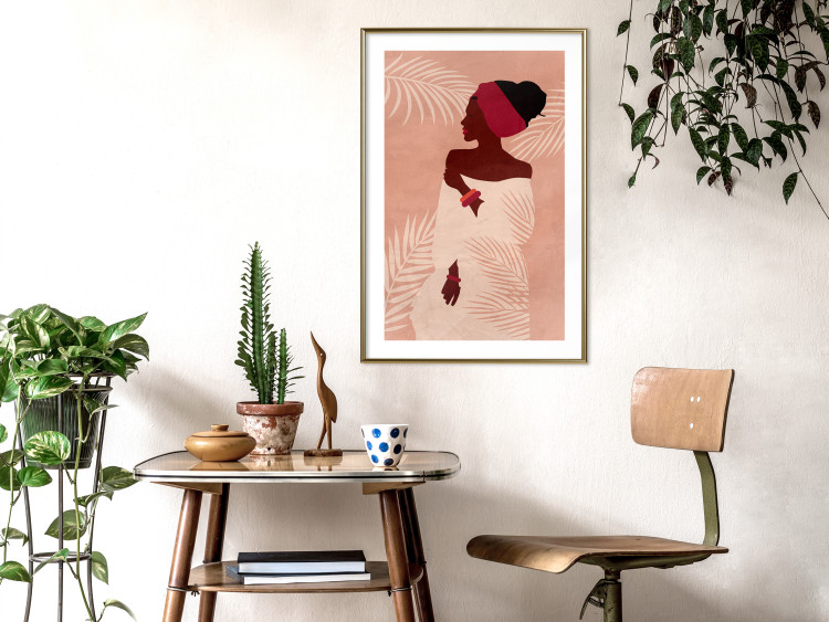 Wall Poster Relaxing Under Palm Trees - dark-skinned woman against a background of palms and a pink wall 134217 additionalImage 15