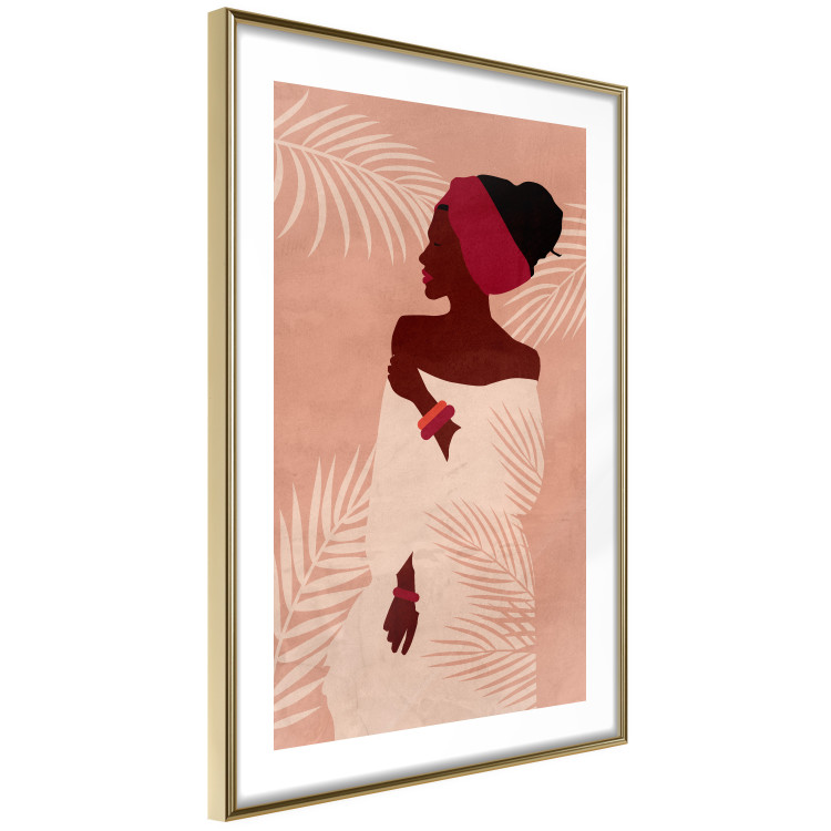 Wall Poster Relaxing Under Palm Trees - dark-skinned woman against a background of palms and a pink wall 134217 additionalImage 9