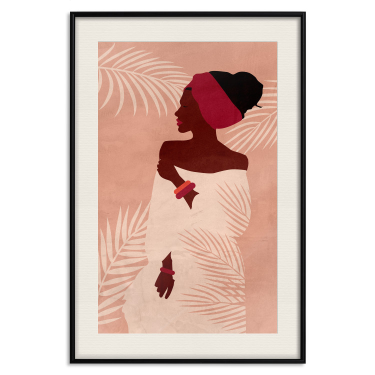 Wall Poster Relaxing Under Palm Trees - dark-skinned woman against a background of palms and a pink wall 134217 additionalImage 20