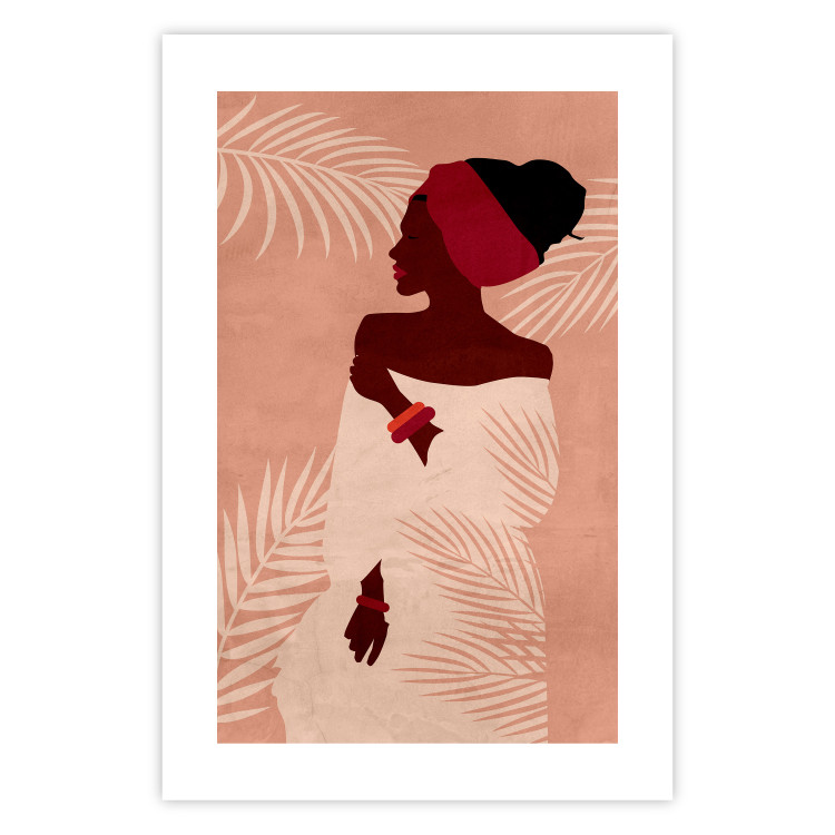 Wall Poster Relaxing Under Palm Trees - dark-skinned woman against a background of palms and a pink wall 134217 additionalImage 19