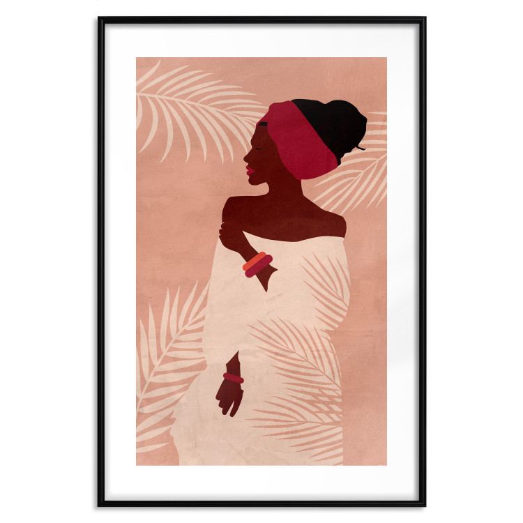 Wall Poster Relaxing Under Palm Trees - dark-skinned woman against a background of palms and a pink wall 134217 additionalImage 18