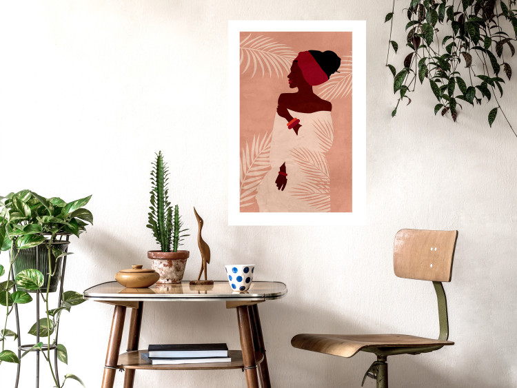 Wall Poster Relaxing Under Palm Trees - dark-skinned woman against a background of palms and a pink wall 134217 additionalImage 3