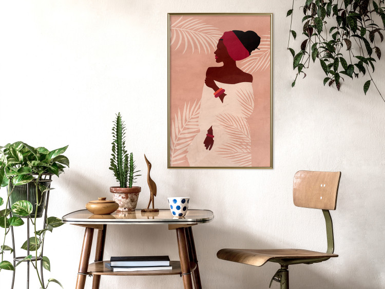 Wall Poster Relaxing Under Palm Trees - dark-skinned woman against a background of palms and a pink wall 134217 additionalImage 7