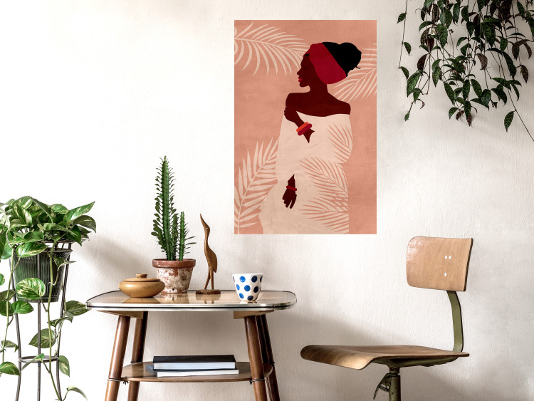 Wall Poster Relaxing Under Palm Trees - dark-skinned woman against a background of palms and a pink wall 134217 additionalImage 4