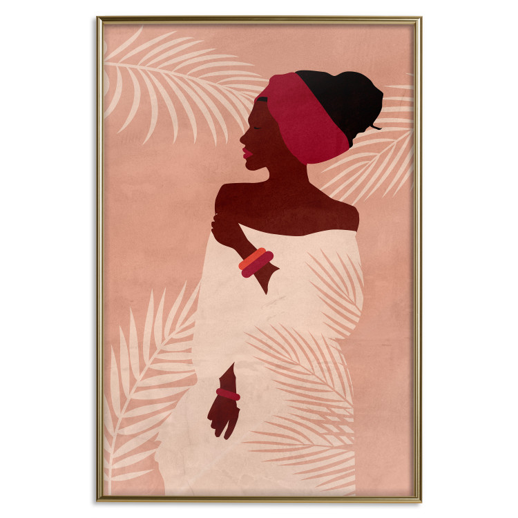 Wall Poster Relaxing Under Palm Trees - dark-skinned woman against a background of palms and a pink wall 134217 additionalImage 18