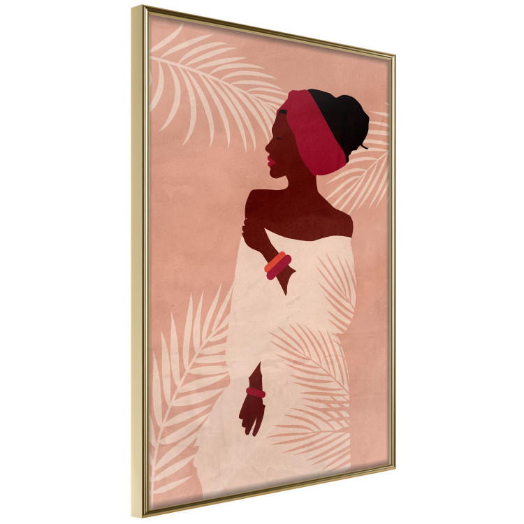 Wall Poster Relaxing Under Palm Trees - dark-skinned woman against a background of palms and a pink wall 134217 additionalImage 12