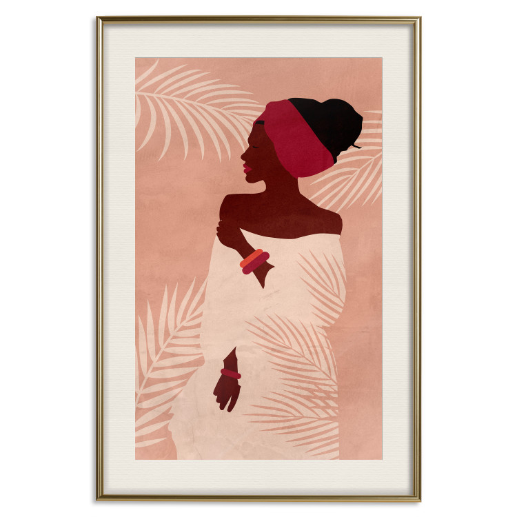 Wall Poster Relaxing Under Palm Trees - dark-skinned woman against a background of palms and a pink wall 134217 additionalImage 21