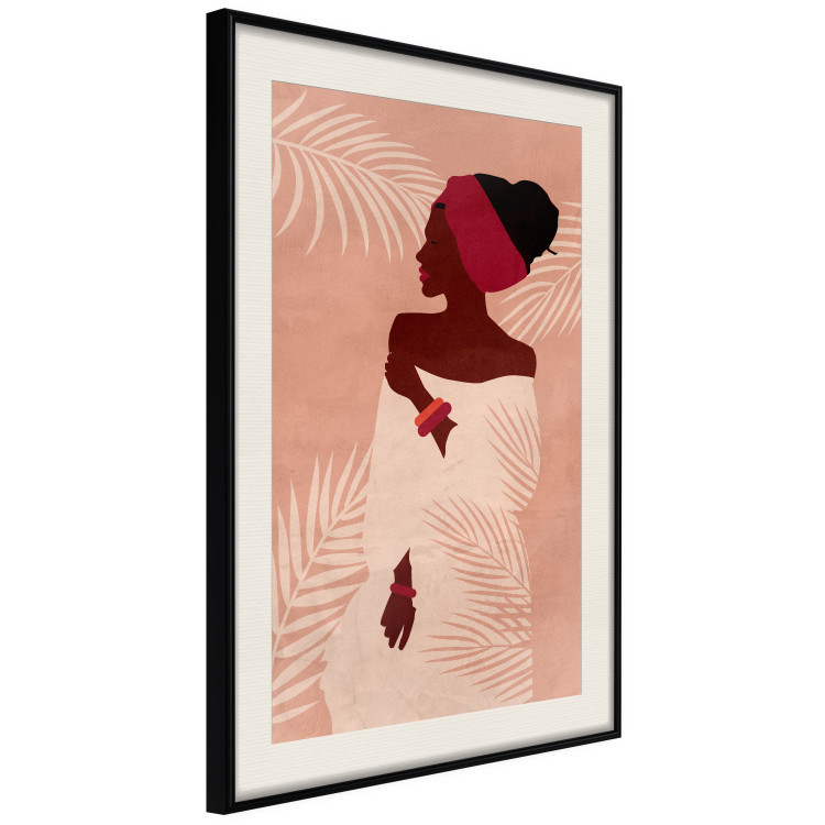 Wall Poster Relaxing Under Palm Trees - dark-skinned woman against a background of palms and a pink wall 134217 additionalImage 2
