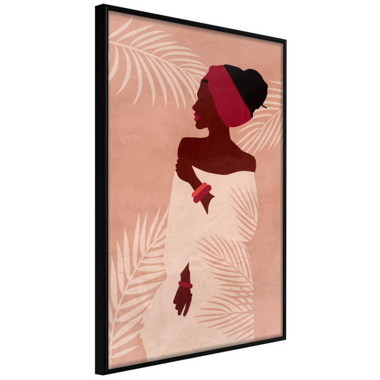 Wall Poster Relaxing Under Palm Trees - dark-skinned woman against a background of palms and a pink wall 134217 additionalImage 11