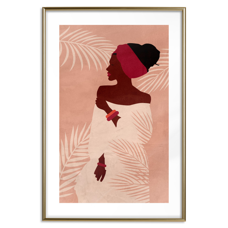 Wall Poster Relaxing Under Palm Trees - dark-skinned woman against a background of palms and a pink wall 134217 additionalImage 19