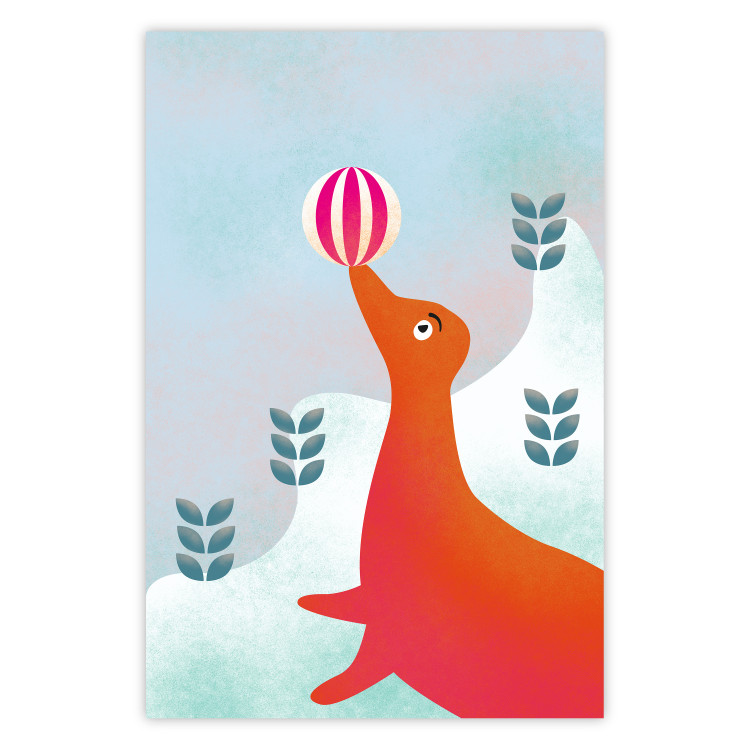 Poster Joyful Seal - playful animal with a colorful ball on a snowy hill 135717
