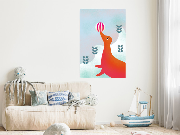 Poster Joyful Seal - playful animal with a colorful ball on a snowy hill 135717 additionalImage 22