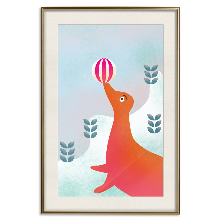Poster Joyful Seal - playful animal with a colorful ball on a snowy hill 135717 additionalImage 18