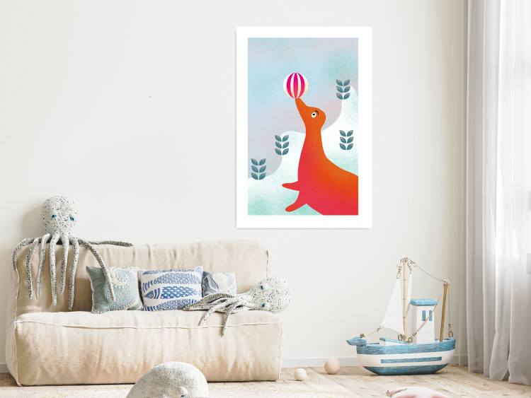 Poster Joyful Seal - playful animal with a colorful ball on a snowy hill 135717 additionalImage 23