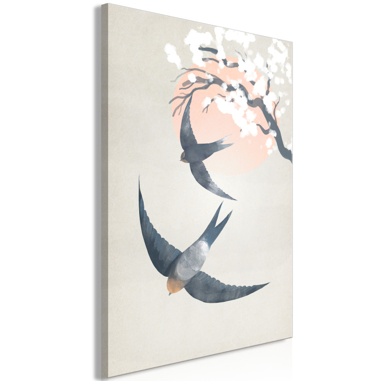 Canvas Swallows in Flight (1-piece) Vertical - birds against a cherry tree background 142417 additionalImage 2