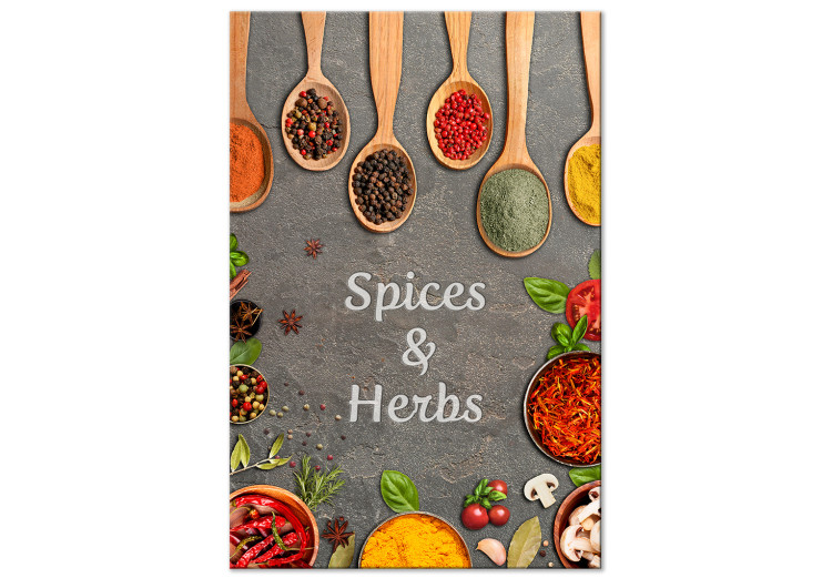 Canvas Print Herbs and Spices (1-piece) - still life and text on a gray background 148917