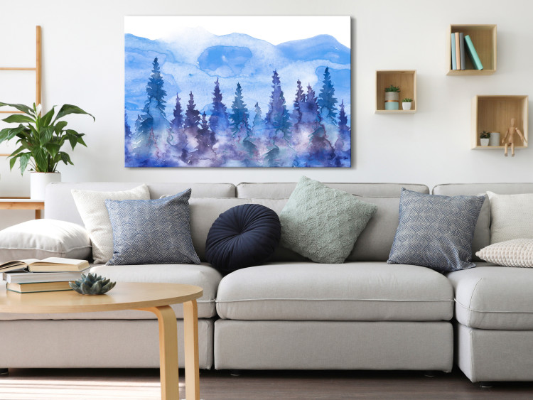 Canvas Art Print Watercolor Landscape (1-piece) - forest of fir trees against mountain peaks 149717 additionalImage 3