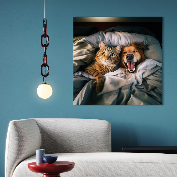 Canvas Art Print AI Golden Retriever Dog and Tabby Cat - Animals Resting in Comfortable Bedding - Square 150217 additionalImage 9