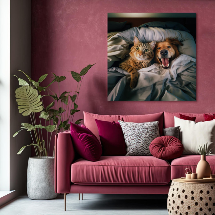 Canvas Art Print AI Golden Retriever Dog and Tabby Cat - Animals Resting in Comfortable Bedding - Square 150217 additionalImage 5