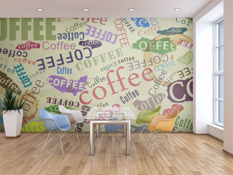 Photo Wallpaper The Fragrance of Coffee - Coffee Motif on a Background with Colourful Texts 60217
