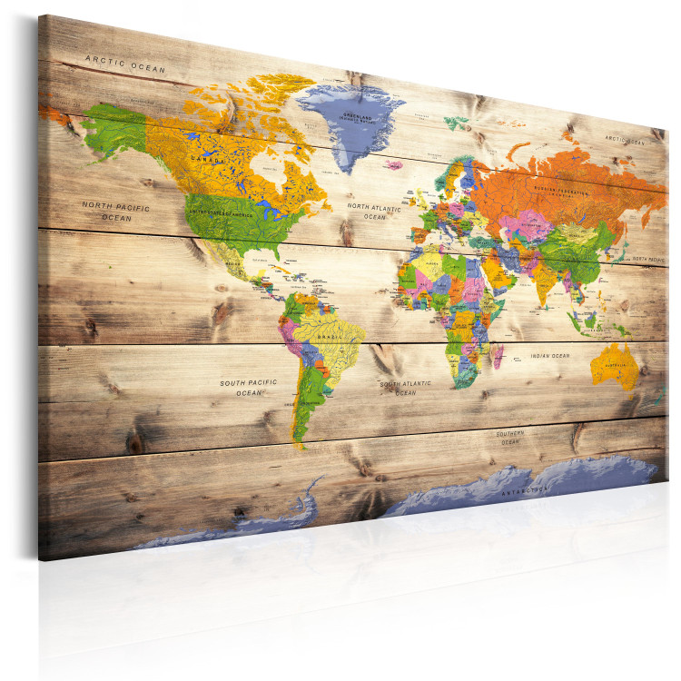 Canvas Map of Colorful Continents (1-part) - World on Wooden Background 97517 additionalImage 2