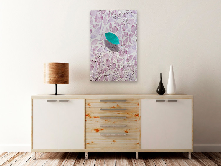 Canvas Art Print Turquoise leaf - retro willow leaf on a delicate gray and purple vintage background 118227 additionalImage 3