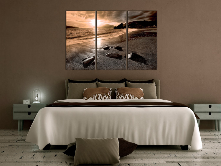 Canvas Sunset in sepia - sea landscape triptych with beach and mountains 125027 additionalImage 3