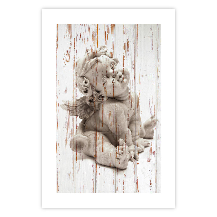 Wall Poster Contemplative Love - stone sculpture of an angel on a wooden texture background 125227 additionalImage 25