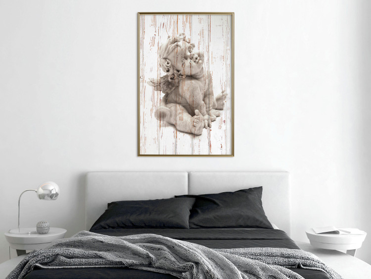 Wall Poster Contemplative Love - stone sculpture of an angel on a wooden texture background 125227 additionalImage 7